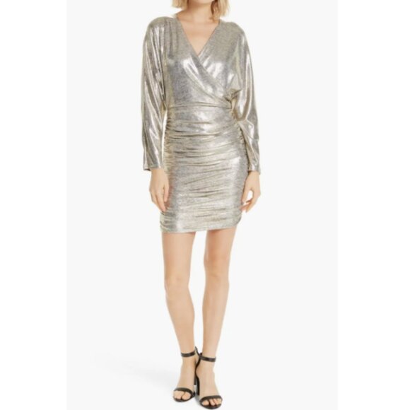 Alice + Olivia 'Pace' Batwing-Sleeve Ruched Mini-Dress, Silver/Gold Metallic - Picture 2 of 6